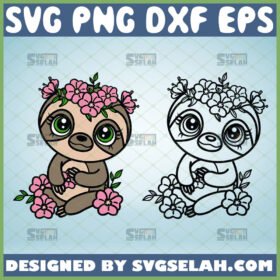 sloth with flower crown svg floral sloth svg outline and color